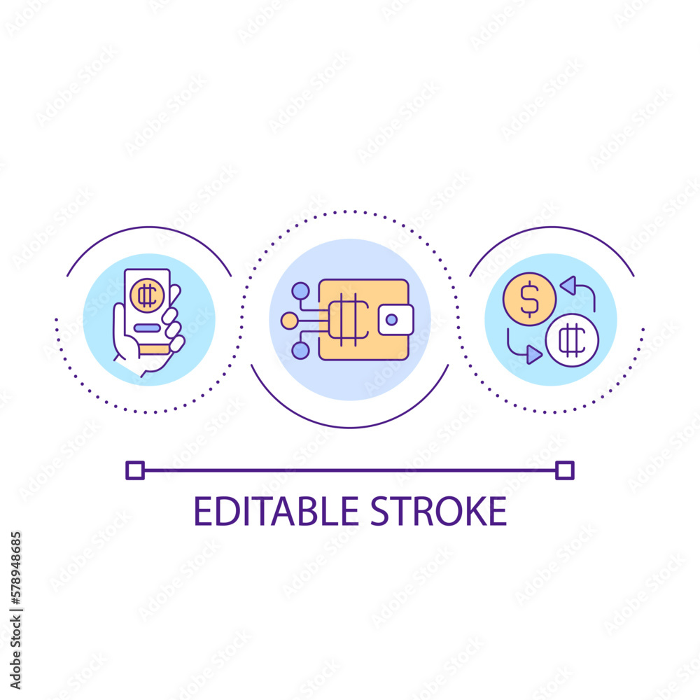 E wallet loop concept icon. Cryptocurrency exchange operations. Virtual stock market abstract idea thin line illustration. Isolated outline drawing. Editable stroke. Arial font used