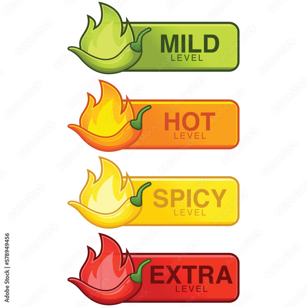 Φωτογραφία Icons of spicy food level, mild,hot,spicy,extra,soft, medium and very hot pepper sauce with fire flame
