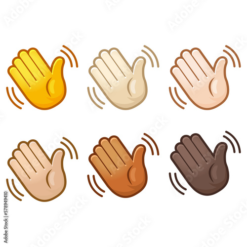 Emotional waving hand hello emoji hand set of various skin tones cute cartoon stylized vector cartoon illustration icons. Isolated on white background.