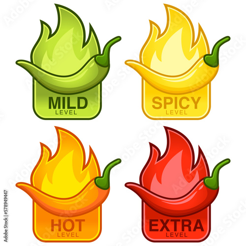 Icons of spicy food level, mild,hot,spicy,extra,soft, medium and very hot pepper sauce with fire flame. Hot pepper sign vector cartoon illustration symbol.