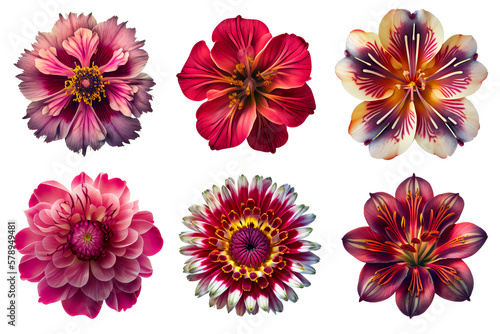 Assorted fantasy flowers on transparent PNG background. Flatlay top view of pink and red flowers. Floral graphic resources. Created with Generative AI.	