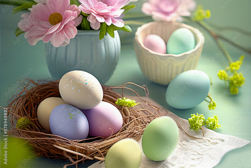 Easter holiday concept with painted Easter eggs in basket and pink flowers in vase on pastel green background. Front view. Copy space, defocused.