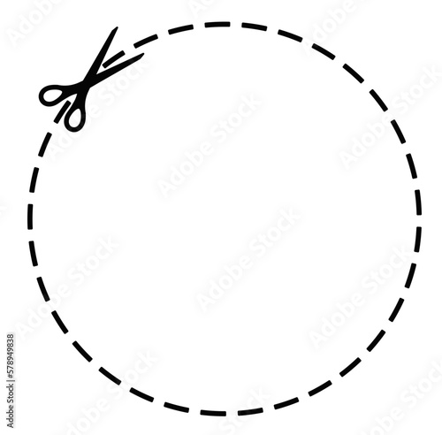Scissors cut dotted line circle coupon with dash icon. Shear trim round shape coupon for promo sale along the guide line with dash or dot border. Vector flat illustation.