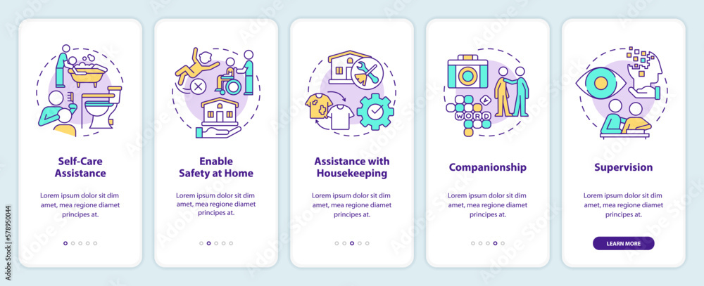 Personal care and companionship services onboarding mobile app screen. Walkthrough 5 steps editable graphic instructions with linear concepts. UI, UX, GUI template. Myriad Pro-Bold, Regular fonts used