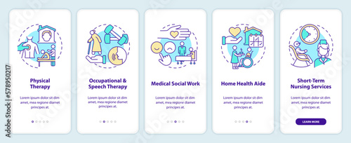 Home health care services onboarding mobile app screen. Walkthrough 5 steps editable graphic instructions with linear concepts. UI, UX, GUI template. Myriad Pro-Bold, Regular fonts used