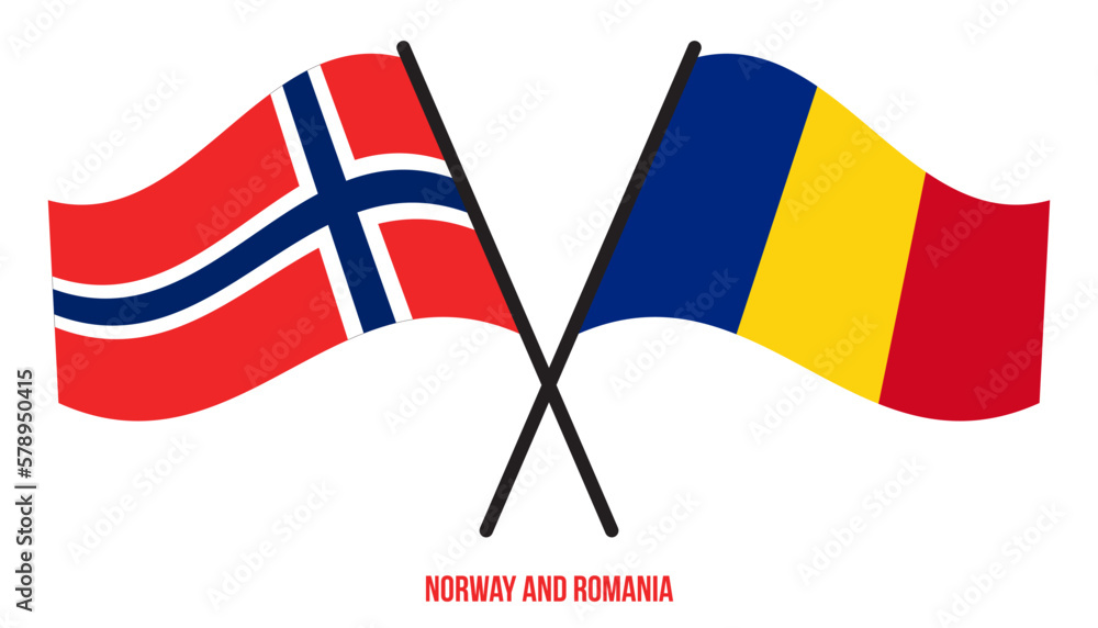 Norway and Romania Flags Crossed And Waving Flat Style. Official Proportion. Correct Colors. Norway and Romania Flags Crossed And Waving Flat Style. Official Proportion. Correct Colors.