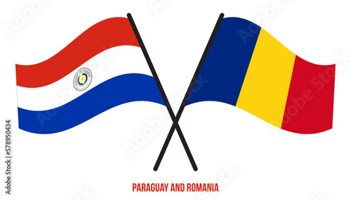 Paraguay and Romania Flags Crossed And Waving Flat Style. Official Proportion. Correct Colors.