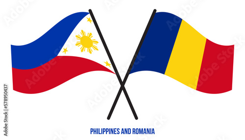 Philippines and Romania Flags Crossed And Waving Flat Style. Official Proportion. Correct Colors.