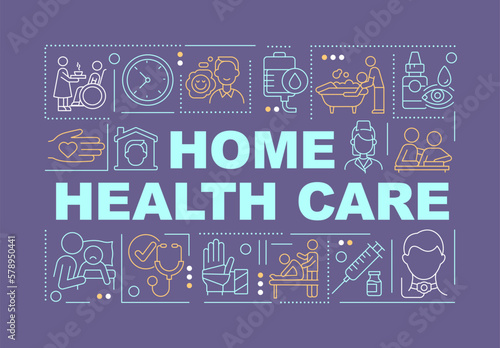 Home health care word concepts dark purple banner. Medical services. Infographics with editable icons on color background. Isolated typography. Vector illustration with text. Arial-Black font used