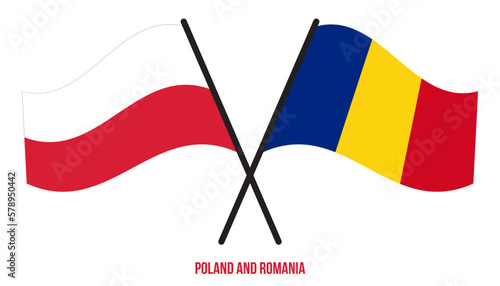 Poland and Romania Flags Crossed And Waving Flat Style. Official Proportion. Correct Colors.