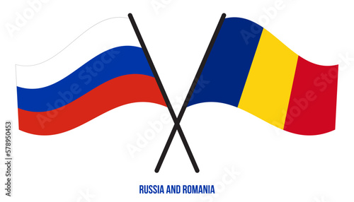 Russia and Romania Flags Crossed And Waving Flat Style. Official Proportion. Correct Colors.