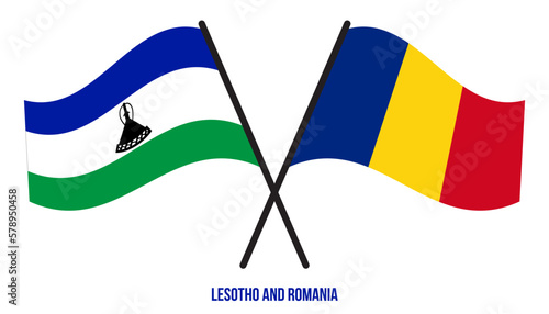 Lesotho and Romania Flags Crossed And Waving Flat Style. Official Proportion. Correct Colors.