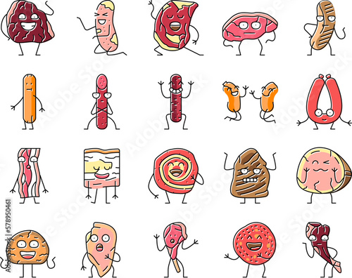 meat character beef food funny icons set vector