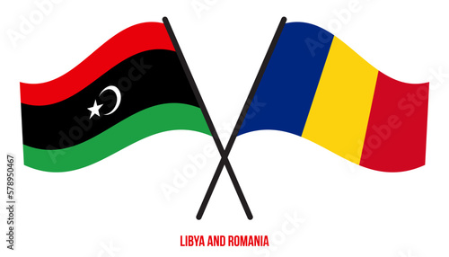 Libya and Romania Flags Crossed And Waving Flat Style. Official Proportion. Correct Colors.