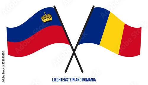 Liechtenstein and Romania Flags Crossed And Waving Flat Style. Official Proportion. Correct Colors.