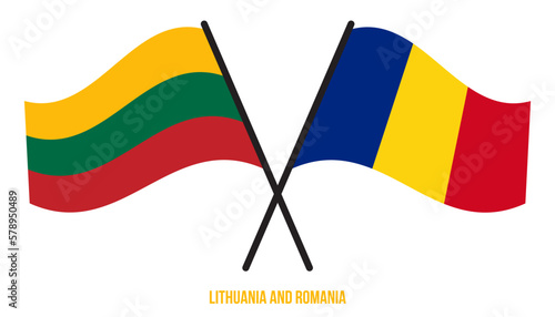 Lithuania and Romania Flags Crossed And Waving Flat Style. Official Proportion. Correct Colors.