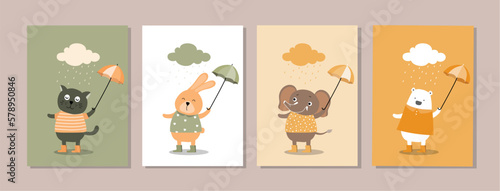 Set of happy birthday, holiday, baby shower celebration greeting and invitation card.Cute animals design with umbrella.Vector illustrations.