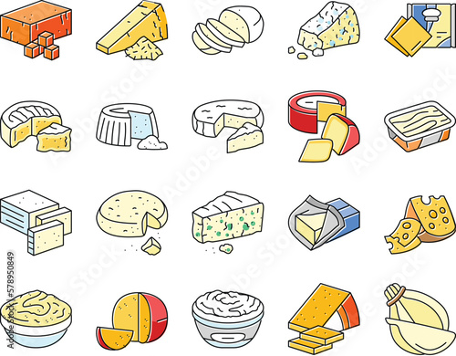 cheese food slice piece dairy icons set vector
