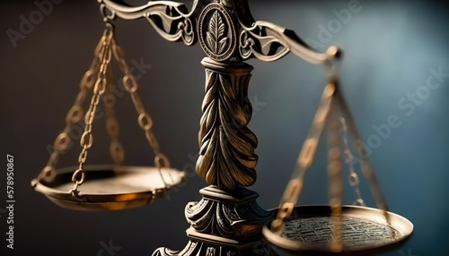 Scales of justice close-up. Low depth of field. Based on Generative AI photo