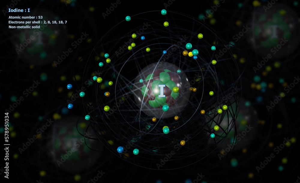 Obraz premium Atom of Iodine with detailed Core and its 53 Electrons with Atoms
