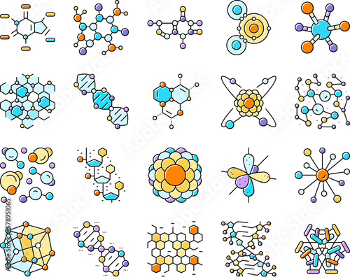molecular science chemistry atom icons set vector