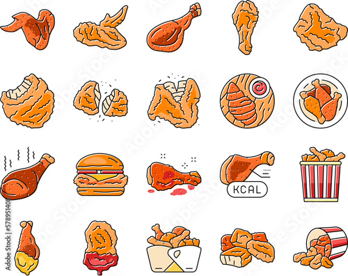 chicken crispy food meat meal icons set vector