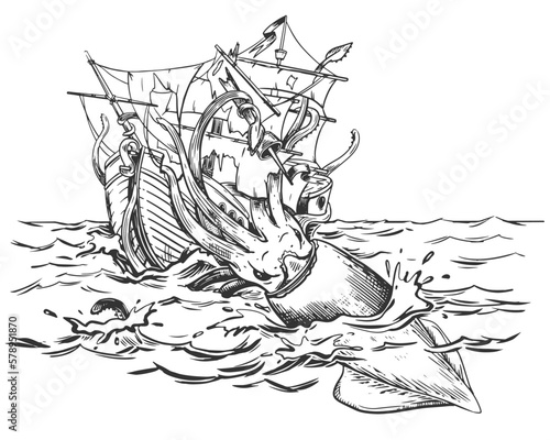 The legendary kraken is attacking the ship. A huge squid drags a sailboat underwater. Monochrome drawing. Vector illustration in engraving style. Composition based on the legends of sailors.