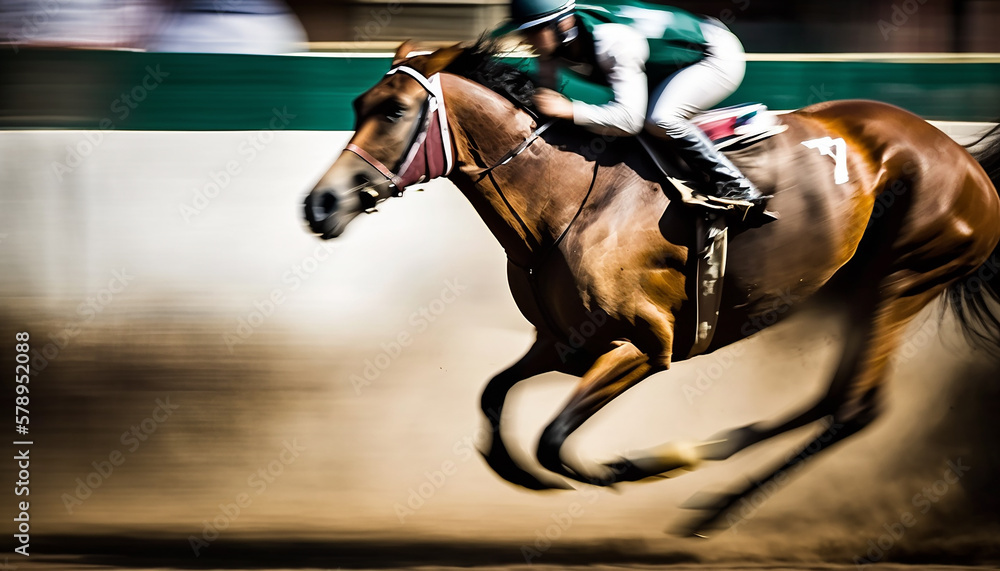 Fototapeta premium Horse race with a focus on the speed and intensity of the race, showcasing the powerful athleticism of the horses as they gallop towards the finish line Generative AI