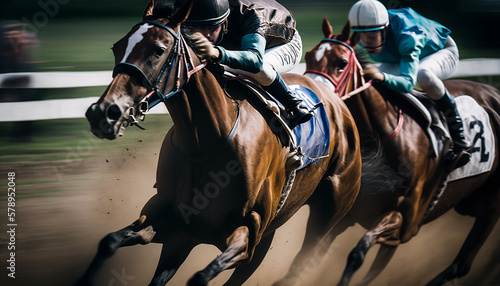 Horse race with a focus on the speed and intensity of the race, showcasing the powerful athleticism of the horses as they gallop towards the finish line Generative AI