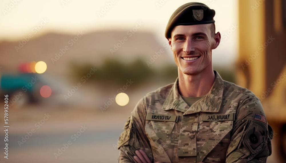 a beautiful smiling young male soldier in front of a blurry millitary base background generative ai