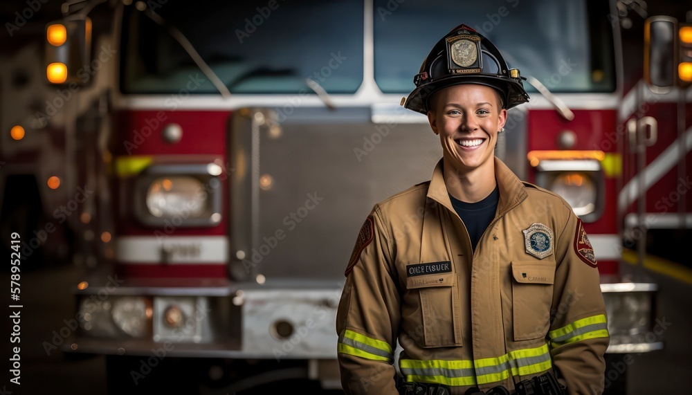 a beautiful smiling young firefighter beside of a blurry fire station background generative ai a beautiful smiling young firefighter beside of a blurry fire station background generative ai