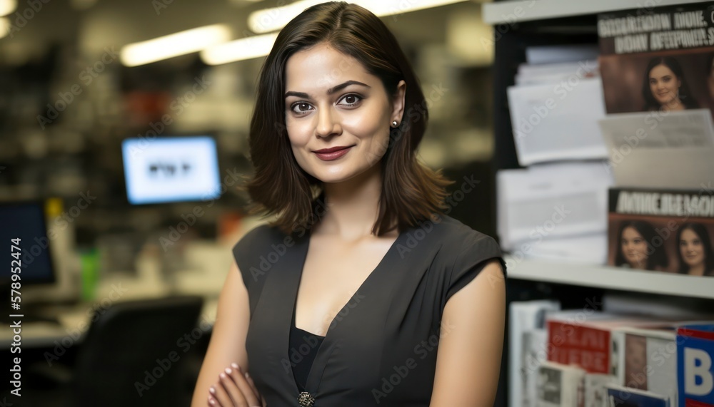a beautiful smiling young female journalist in front of a blurry newsroom background generative ai a beautiful smiling young female journalist in front of a blurry newsroom background generative ai