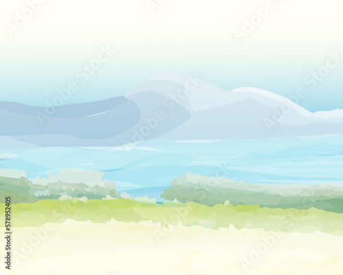 Watercolor painting, sea, mountains, meadow, beautiful, warm, comfortable for the eyes, imagination