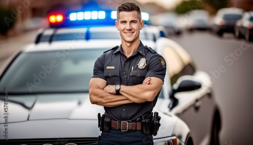  a beautiful smiling young police beside of a blurry traffic light and police car background generative ai