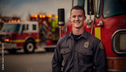  a beautiful smiling young firefighter beside of a blurry fire station background generative ai