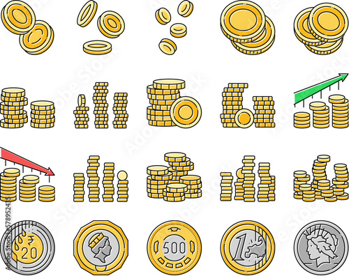 coin gold money cash bank icons set vector