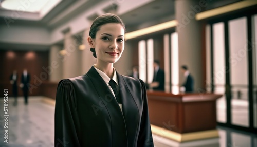 a beautiful smiling female prosecutor wearing prosecutor's robe inside a blurry courthouse background