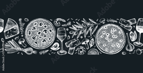 Risotto cooking ingredients sketched banner on chalkboard Wine drawings in vintage style. Hand drawn food and drinks vector illustrations. Classical Italian cuisine seamless ribbon for restaurant menu