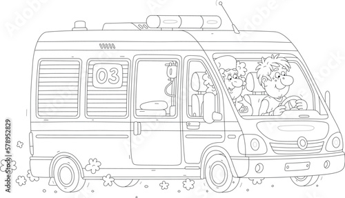 Ambulance car with a doctor and a driver hurrying to rescue, black and white vector cartoon illustration for a coloring book page