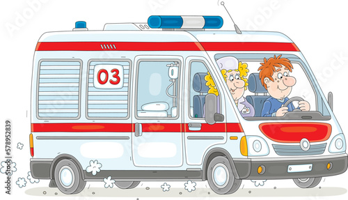 Ambulance car with a doctor and a driver hurrying to rescue, vector cartoon illustration isolated on a white background