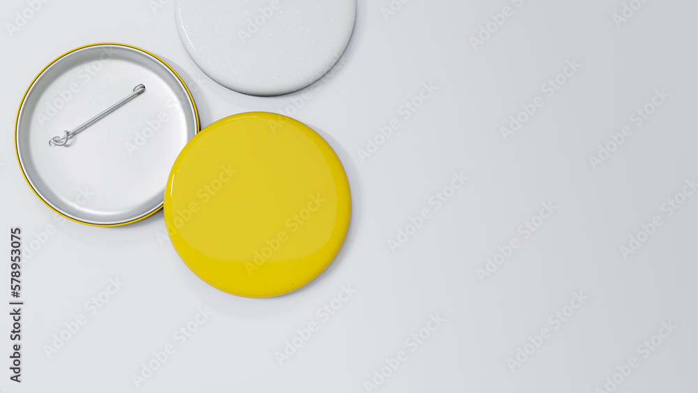 Yellow circle pin badge mockup and copy space on white background. - obrazy, fototapety, plakaty 