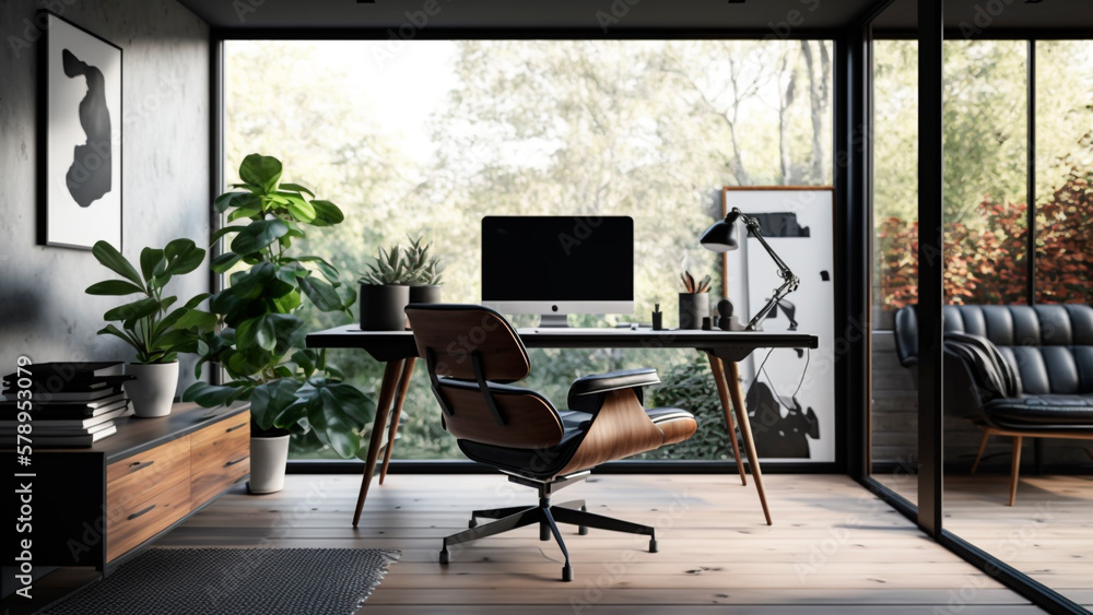 Modern home office setup with modern computer and houseplants with