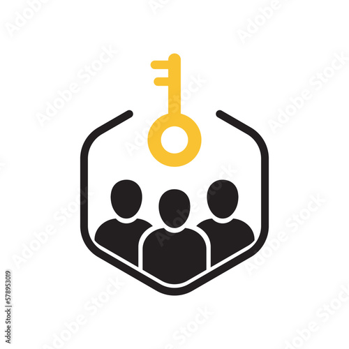 simple people with key like teamwork success. cartoon flat trend modern advice logotype graphic design element isolated on white background. concept of abstract consulting badge or achievement