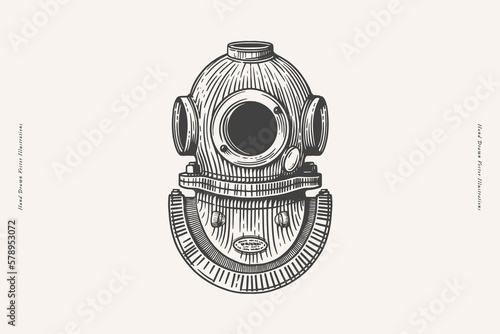 Diver's helmet in engraving style. Diving vintage symbol. Vintage vector illustration for postcard, book or tattoo design.