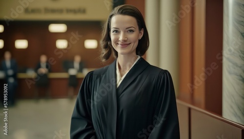 a beautiful smiling female prosecutor wearing prosecutor's robe inside a blurry courthouse background