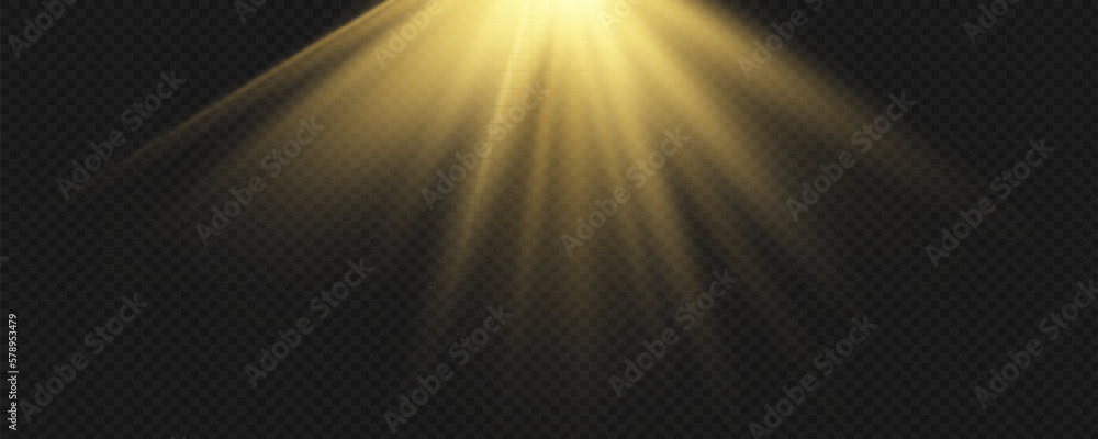 Set of Spotlight isolated on transparent background. Vector glowing light effect with gold rays and beams.