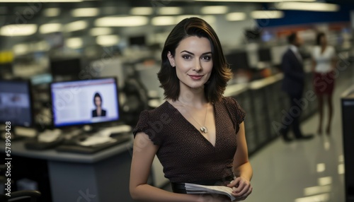 a beautiful smiling young female journalist in front of a blurry newsroom background generative ai