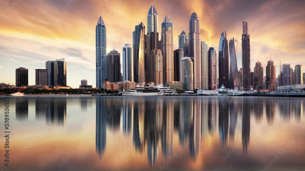 Time lapse of Dubai Marina panorama at sunrise, nobody. United Arab Emirates
