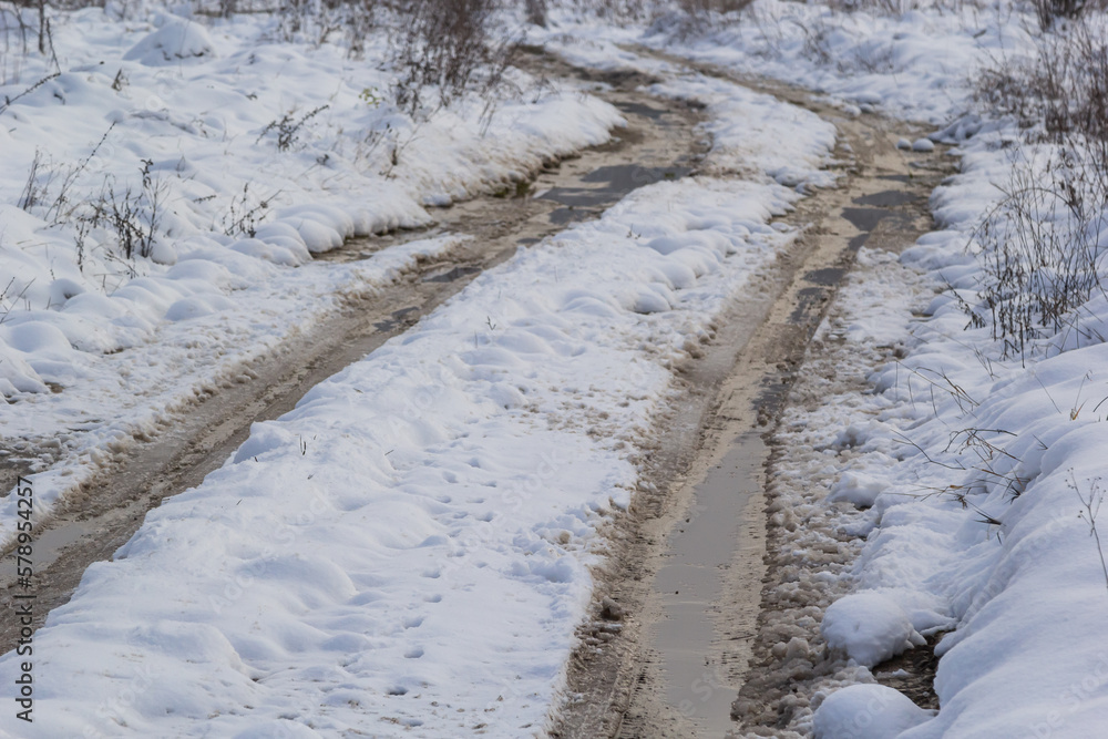 A country road through the forest, a wet road with snow falling from the trees A country road through the forest, a wet road with snow falling from the trees