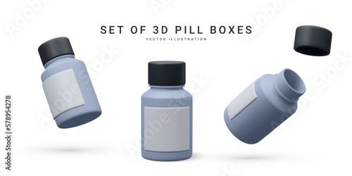 Set of 3d realistic pill box isolated on white background. Vector illustration